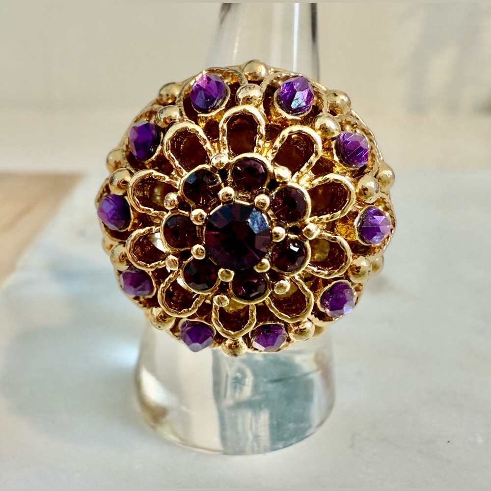 Gold-Tone Floral Statement Ring with Purple Stones Large Dome